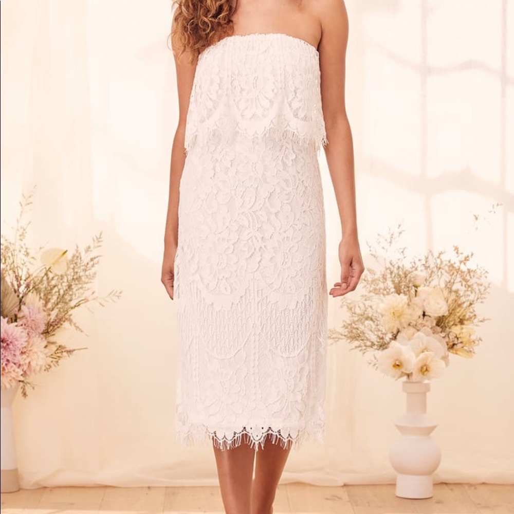 Lulus Delia White Lace Strapless Midi Dress